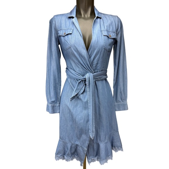 Diane Von Furstenberg Dresses & Skirts - DIANE VON FURSTENBERG DVF "Aya" Tie Waist‎ Raw Hem Chambray Blue Wrap Dress 2